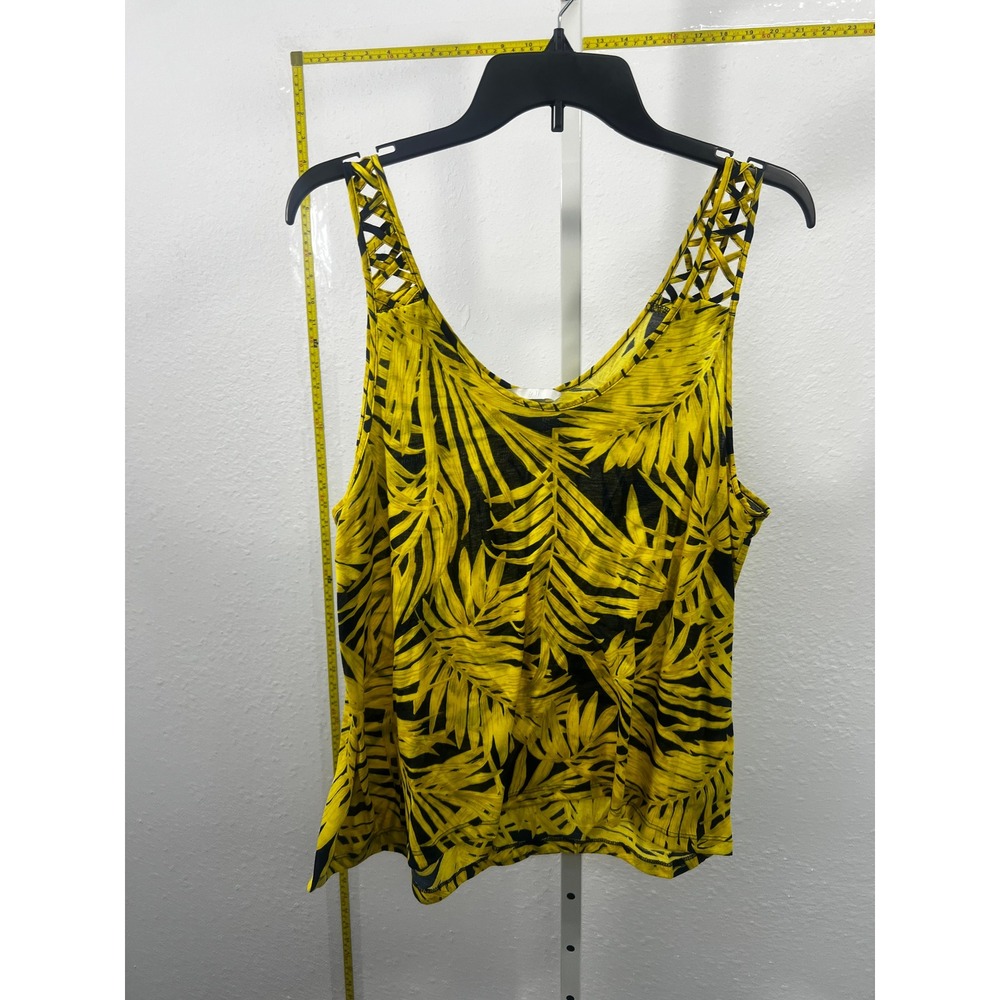 HM Yellow Black Tropical Palm Leaf Print Tank Top Lattice Straps Womens Large